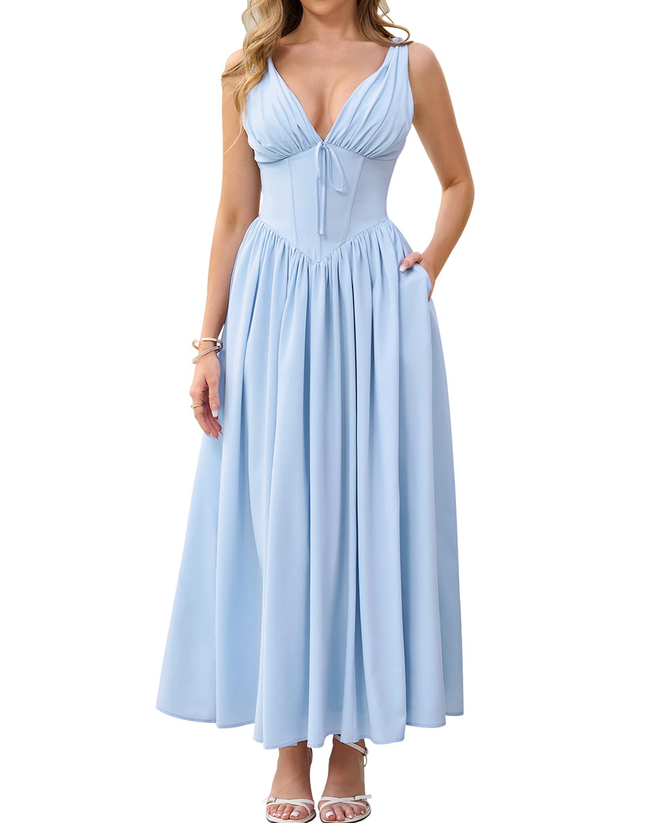 GLNEGE Corset Wedding Guest Formal A Line Flowy Milkmaid Dress with Pockets