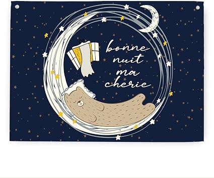 Cute Bear Canvas Wall Art Banner, Bonne Nuit Ma Cherie Artwork Poster Banner, Cozy Cartoon Aesthetic Wall Decor for Bedroom Nursery Kids Room Living Room