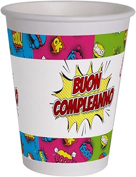 Ciao - Compostable Paper Cups Happy Birthday Comics 250ml, 8 Pieces, Multicolor, 34759