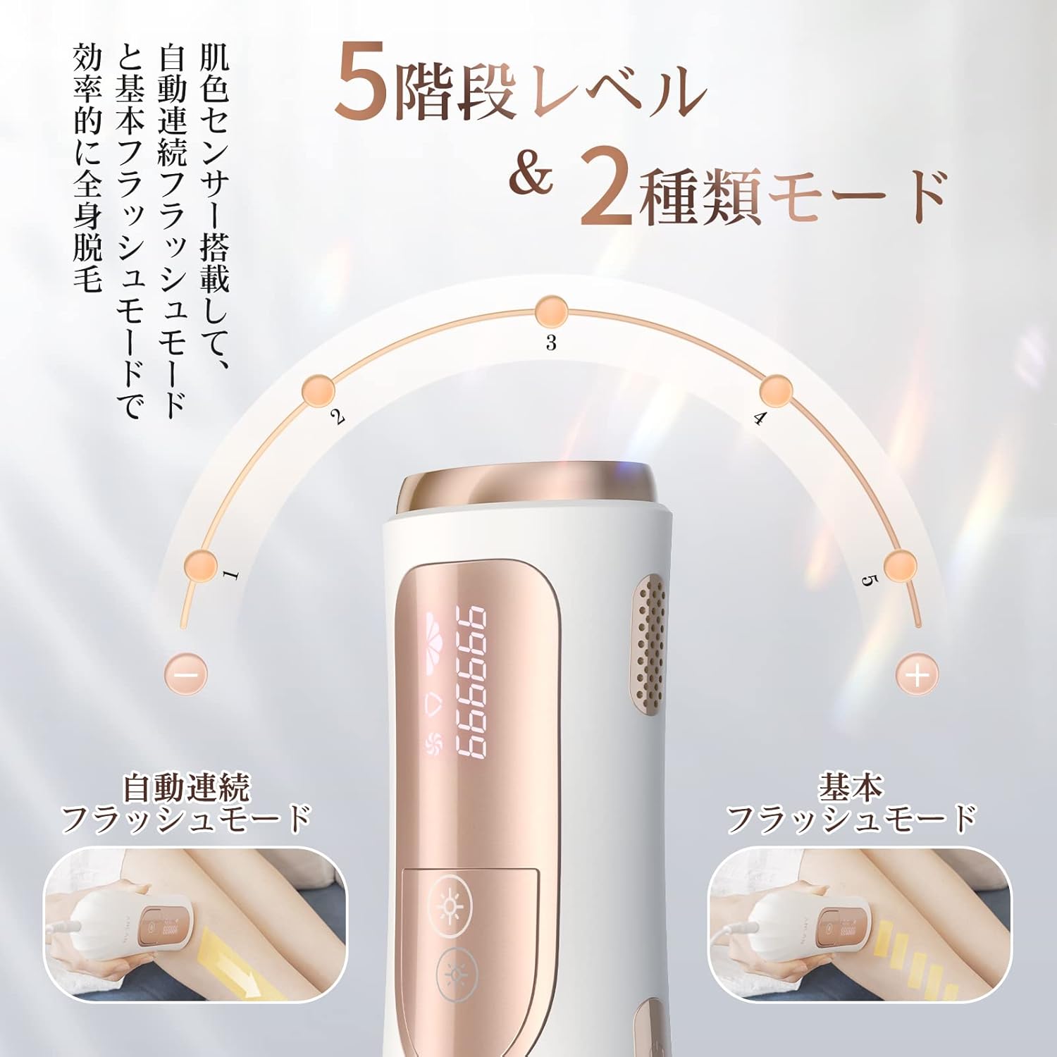 ANLAN IPL Hair Removal Device display showing 5 intensity levels and two operating modes.