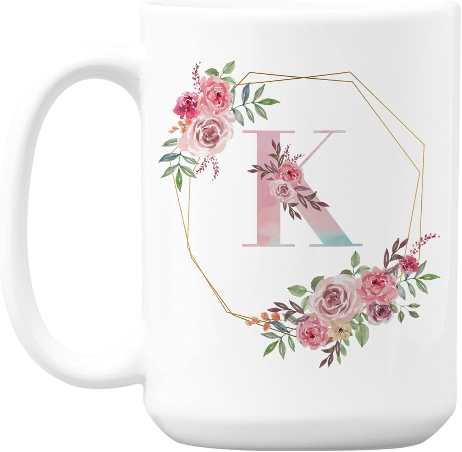 Floral Watercolor K Initial Monogram White Ceramic Coffee & Tea Mug (15oz)