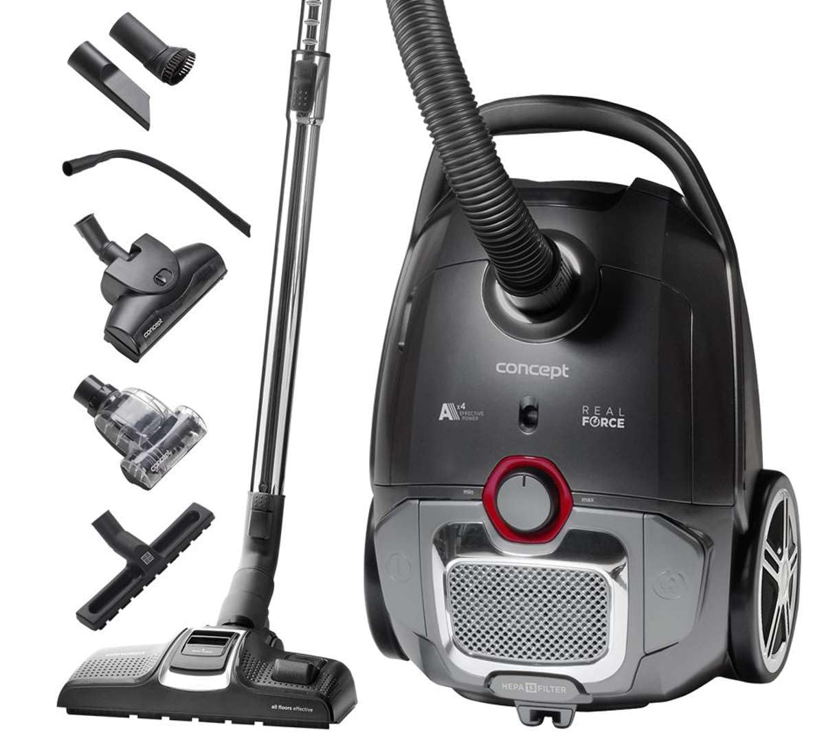 CONCEPT Odkurzacz workowy VP8290 4A Real Force 700 W, czarny, czerwony, 3 litry, 67 decybeli