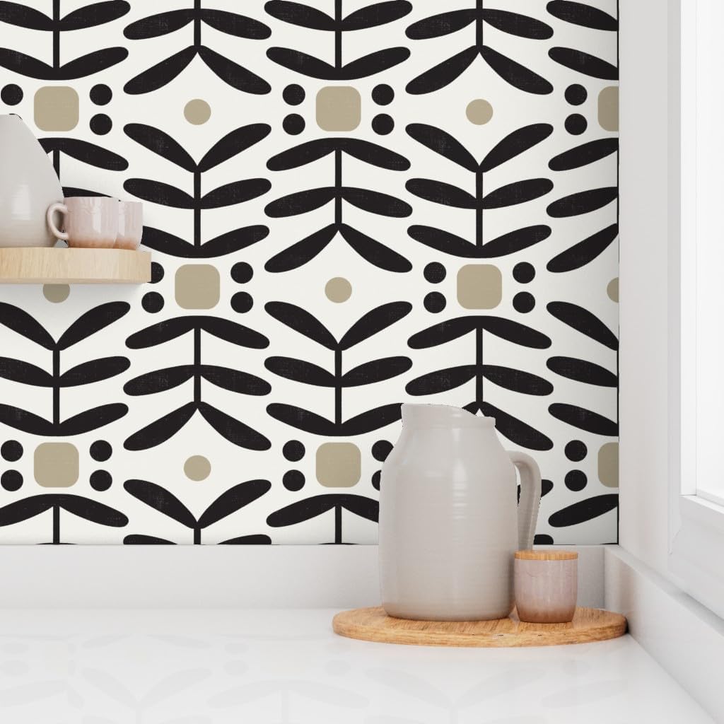 Peel & Stick Wallpaper Swatch - Black and White,Geometric Plant,Abstract Fern,Botanical,Exotic Safari,tan Cream Custom Removable Wallpaper by Spoonflower