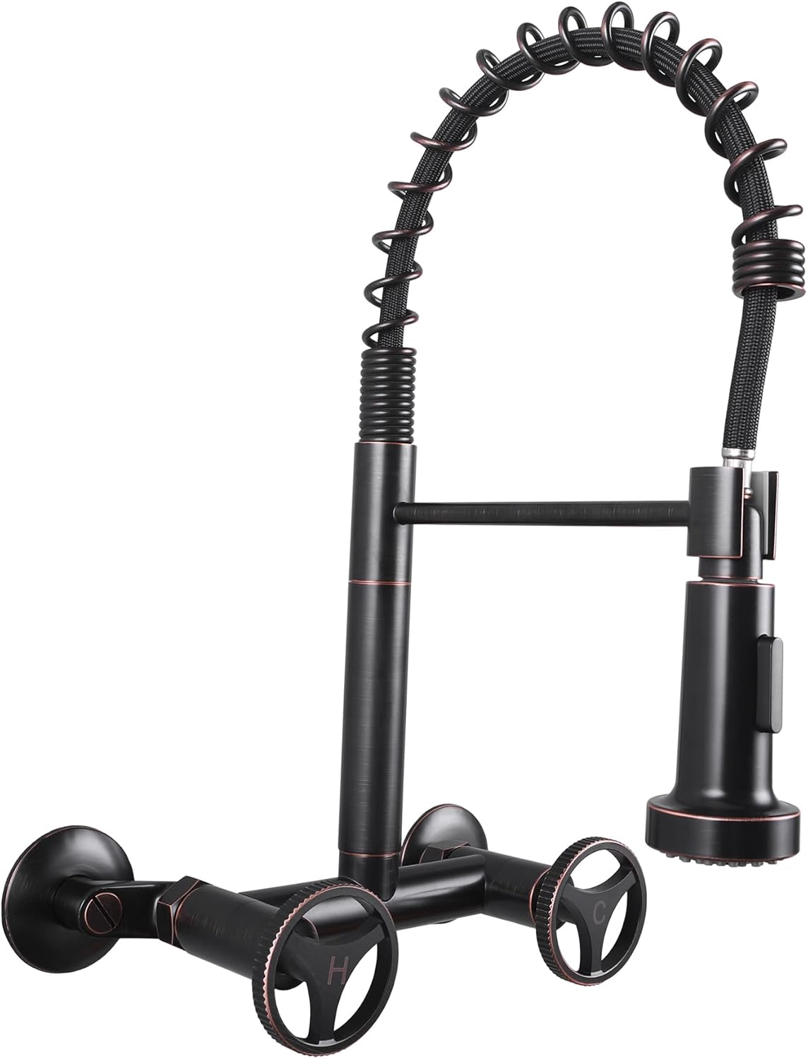 Wall Mount Kitchen Faucet with Pull Down Sprayer, 6 Inches Center Two Handles Commercial Kitchen Sink Faucet, 2 Functions Sprayer, Oil Rubbed Bronze Utility Sink Faucet