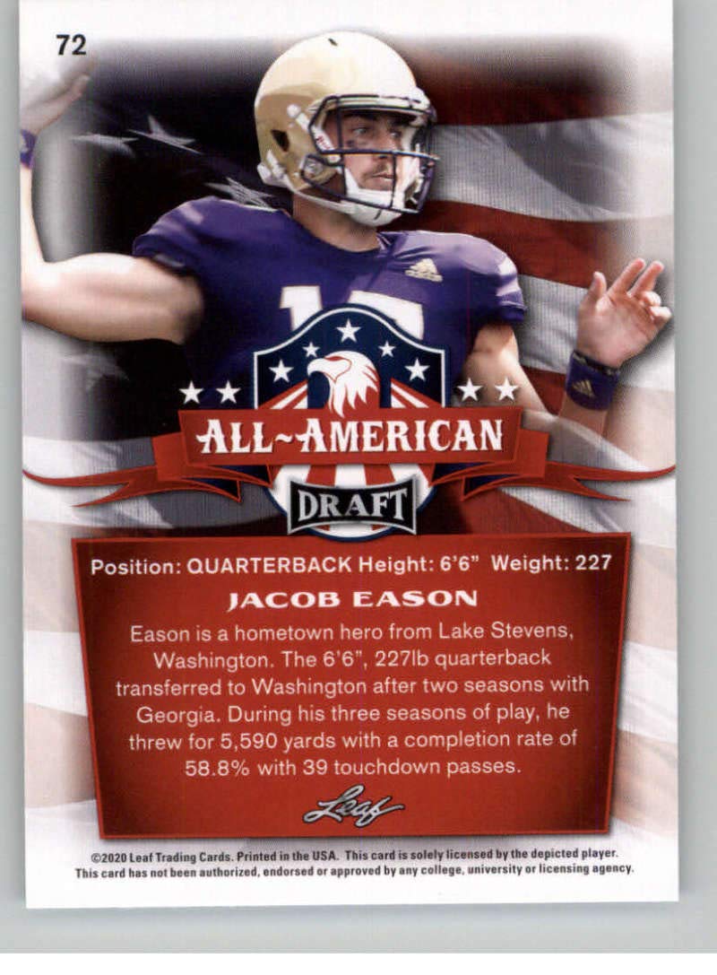 Amazon.com: 2020 Leaf Draft #72 Jacob Eason RC - Washington Huskies  Indianapolis Colts (All-American) (RC - Rookie Card) NM-MT NFL Trading Football  Card : Collectibles & Fine Art
