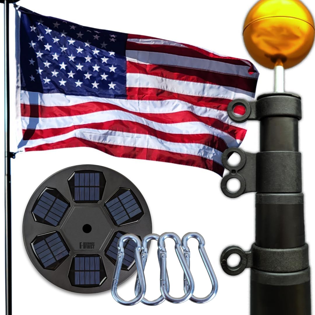 Service First Black 20 FT Telescoping Freedom Edition Flagpole Kit with Black Light and Tether Kit