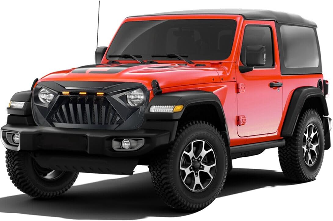 EOMD Front Goliath Grille compatible with 2018-2025 Jeep Wrangler JL & 2020-2025 Gladiator JT, w/Amber LED Lights, ABS (Matte Black)