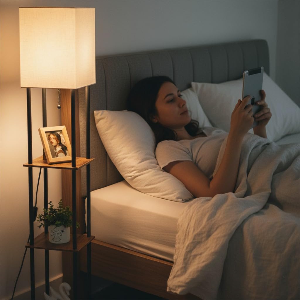 IPARTS EXPERT Stehlampe Holzregal E27 3 Farbtemp. Vintage | Moderne Leselampe mit Lampenschirm, ideal für Wohnzimmer, Schlafzimmer, Büro. Farbe: Braun.