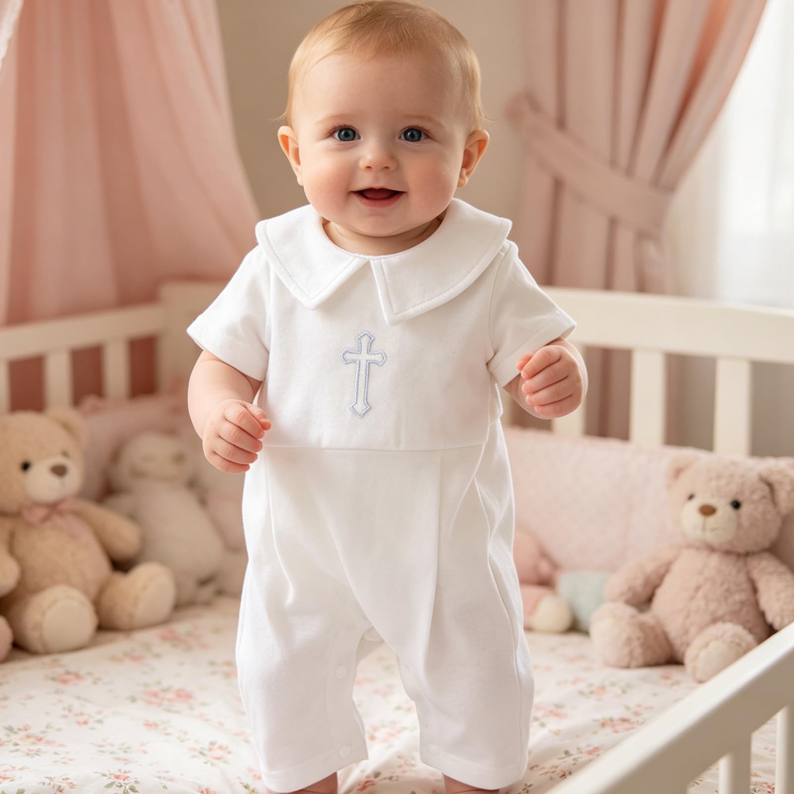 Operitacx Conjunto de ropa para bautizo de bebé niño: mono blanco de manga corta para ceremonia de bautismo, conjunto de ropa formal para recién nacido con babero y gorro, talla 59 cm.