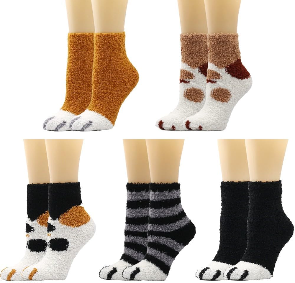 cat paw socks for women, Cozy fluffy Socks with Soft Fuzzy Lining, Cute Warm Winter Home Socks, 5 Pairs