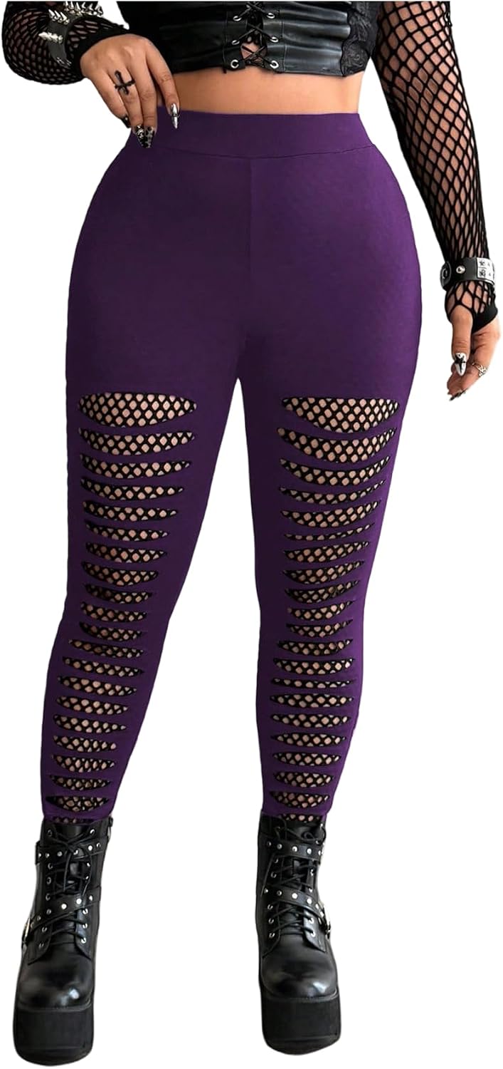 Floerns Women's Plus Size Goth Leggings Patchwork Punk Contrast High Waisted Legging Pants