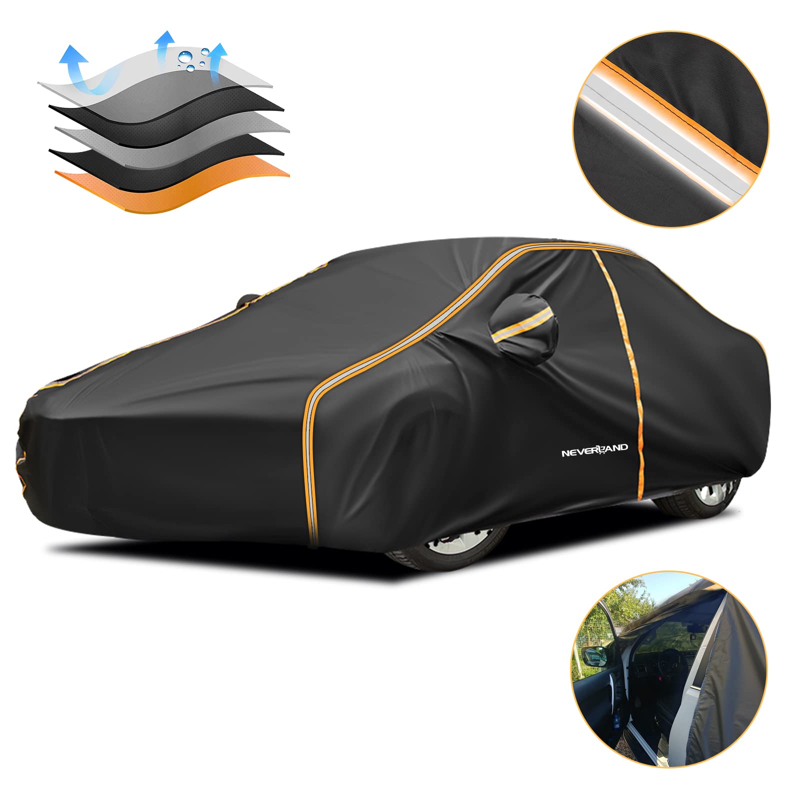 NEVERLANDSedan Car Cover 210D Oxford Fabric Waterproof Heavy Duty All Weather Protection Car Cover with Reflective Straps,Elastic Bands, Zipper Compatible with BMW/Mercedes-Benz/Honda/Chevrolet