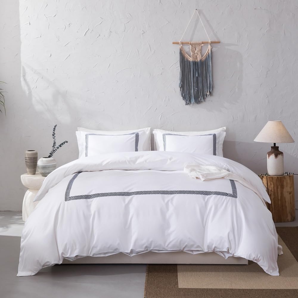 meadow park Cotton Sateen 500TC Hotel Stitch Duvet Cover 3PC Set, Herringbone Pattern, All Season Comfort, King Size, Gray