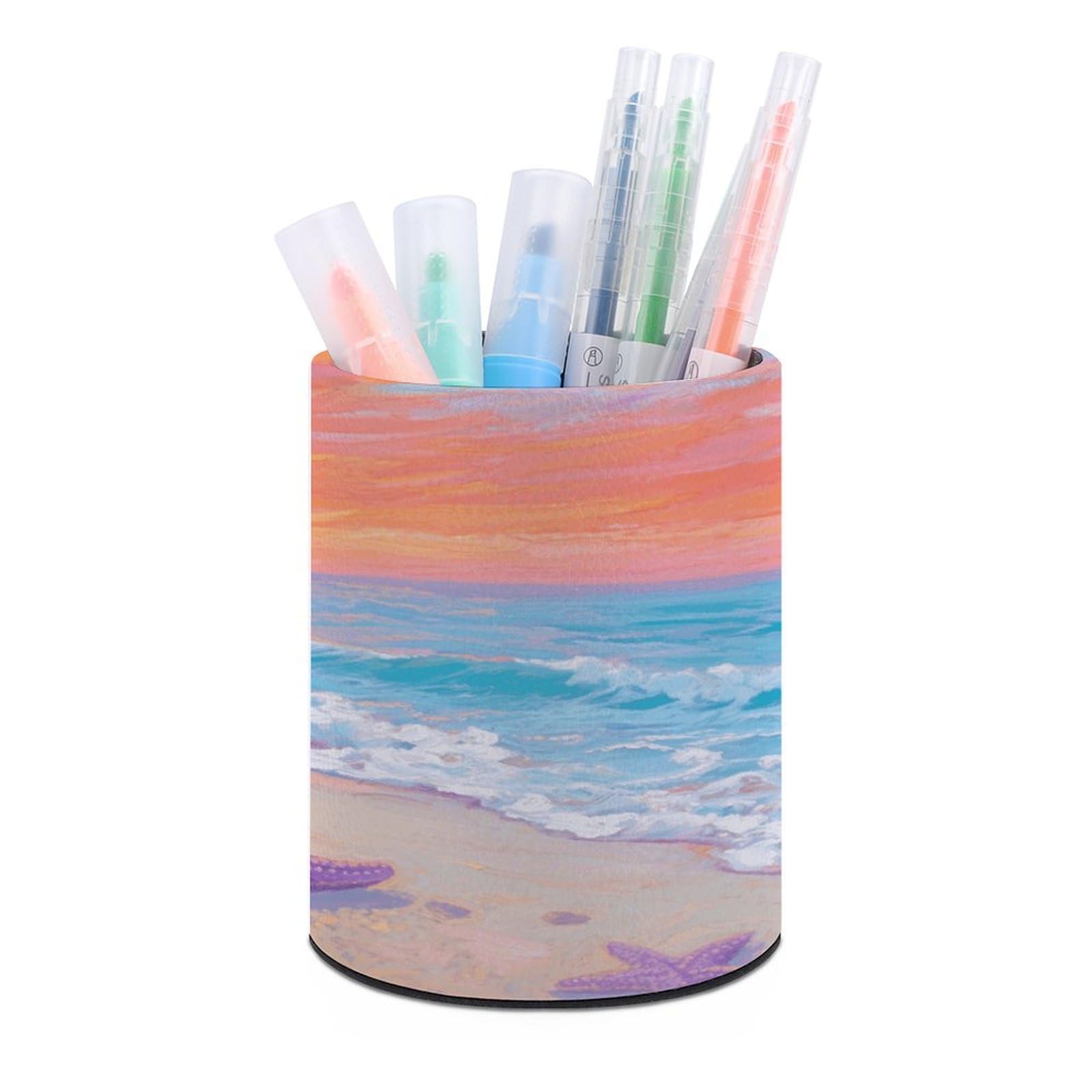 VstaDank Sunlit Beach Starfish Round Pencil Holder PU Leather Desk Organizer Stand for Desk Decoration Desk Office Desk