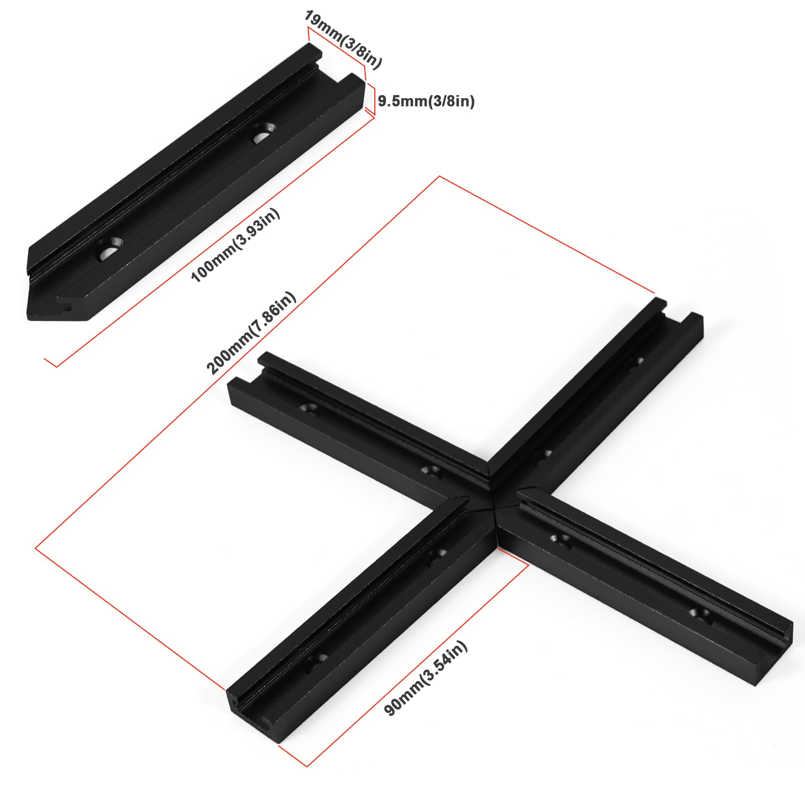 16PcsT-Track Intersección para carpintería con tornillos, perfil de plantilla de doble corte, pistas en T universales negras