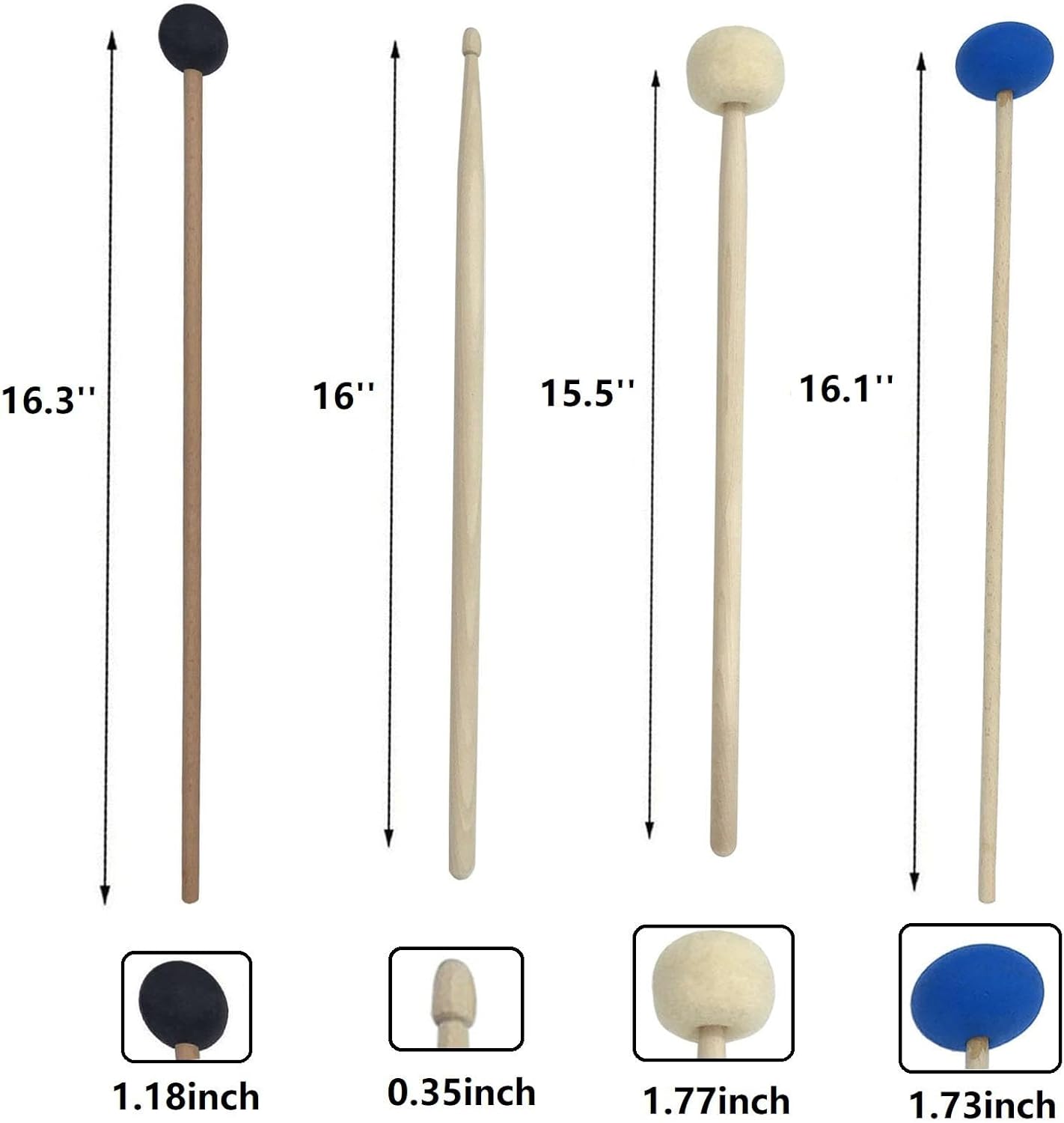 4Pair Drum Mallets Kit with Bag Include 1 Pair Felt Head Timpani Mallets, 2 Pair Rubber Head Bell Mallets, 1 Pair Wood Drumsticks, Percussion Mallets for Steel Drum Glockenspiel Xylophone