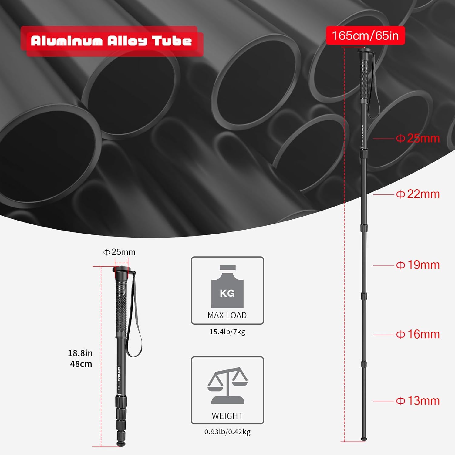 TONYBOO 65” Aluminum Camera Monopod,Lightweight & Portable, 5-Section Travel Monopod, Max Load 40 lbs for DSLR/Mirrorless Cameras, Camcorders, Compatible with Canon Nikon Sony - TE-2
