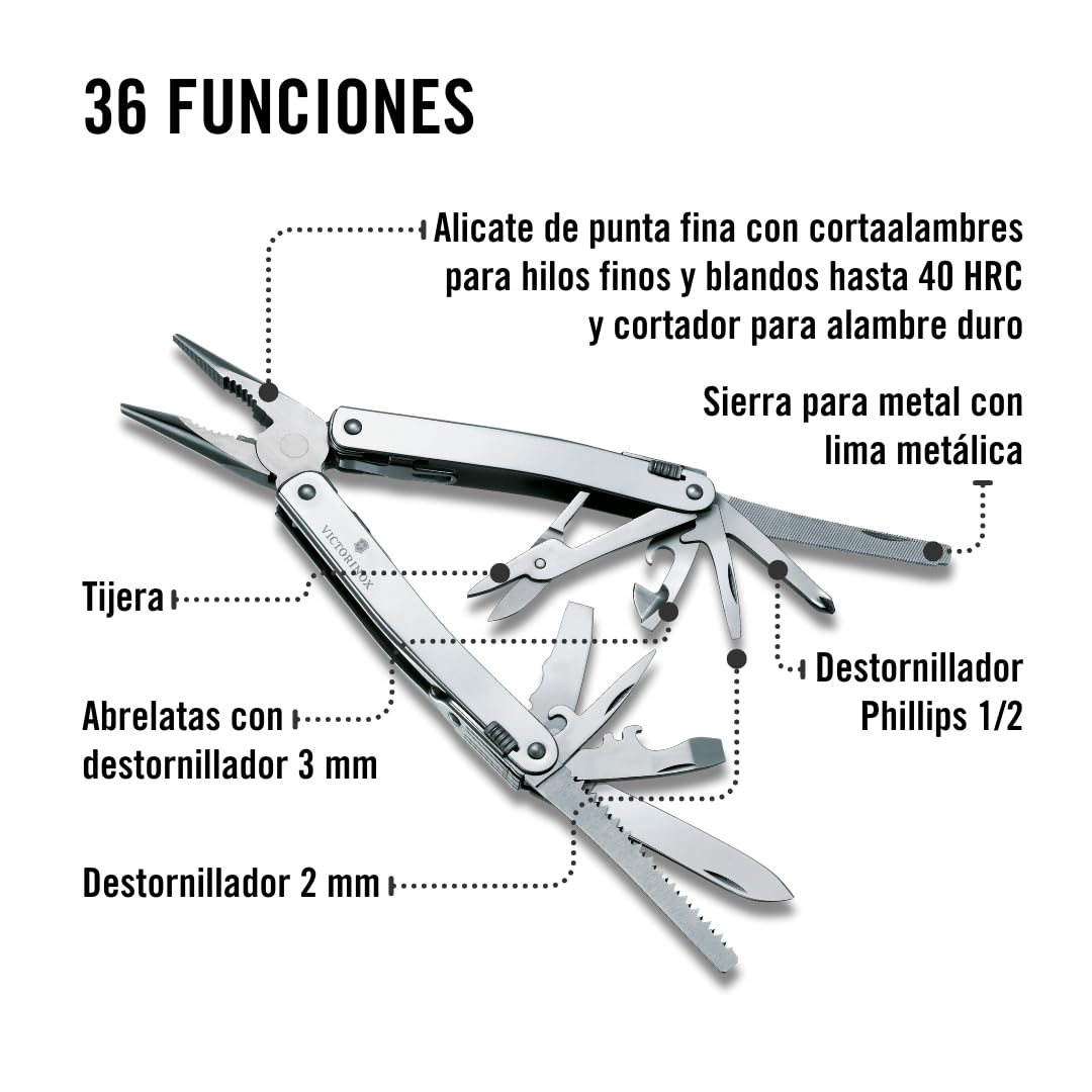 Victorinox Herramienta multifunción Swiss Tool Spirit X Plus Ratchet, 36 funciones, Hecha en Suiza, multiherramienta con hoja de bloqueo, incl. estuche de piel, color plata