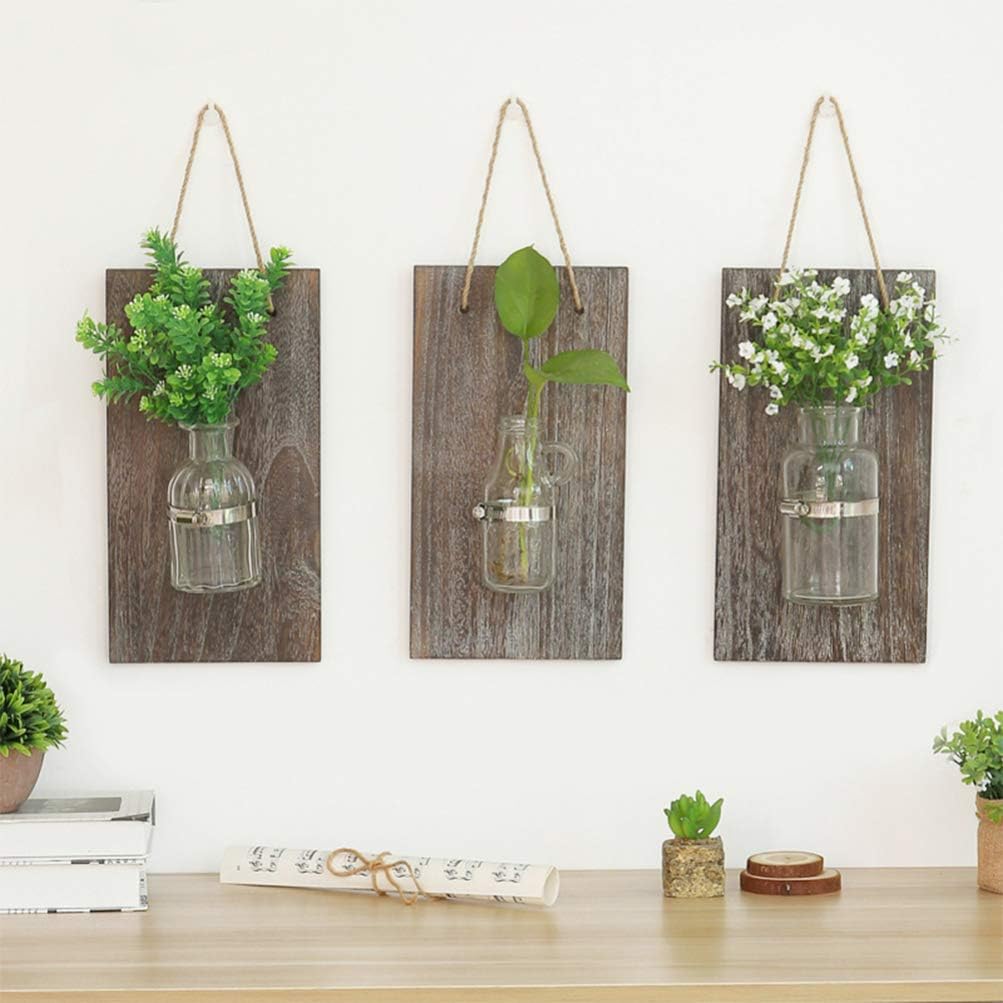 Yardwe Rustic Mason Jar Planter Wooden Art Hanging Hydroponic Pot Container for Home Living Room Kitchen Farmhouse Wall Decoration