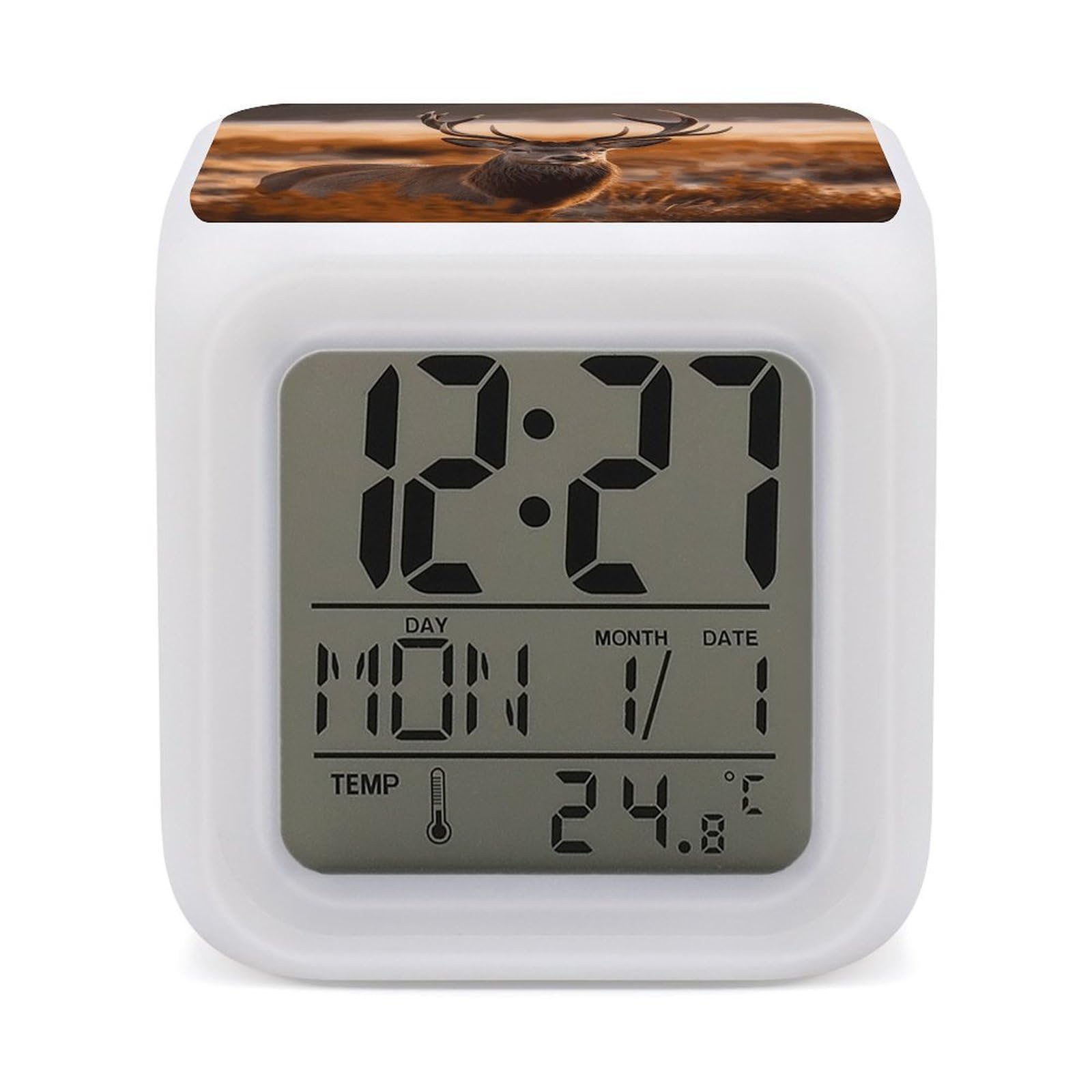 VstaDank Antler Red Deer Alarm Clock with 7 Color Changing Night Light Date Temp Display Wake Clocks LED Display Digital Clock Electric Desk Clocks for Living Office Bedroom Decor
