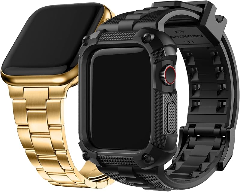Fullmosa No-Tool Needed Band Compatible Apple Watch Band with Case 41mm 40mm 38mm Golden & Rugged iWatch Band Silicone with Screen Protector and Bumper Case for Men (40mm, Black)