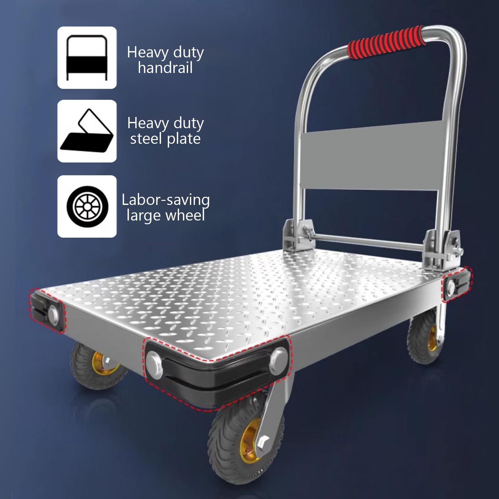 500kg Carro de Plataforma Transporte Plegable con Ruedas | Carretilla Acero, Banda de Goma Anticolisión, Antideslizante, para Almacenes Talleres, Mudanzas, Hogar, Oficina, 90 x 60 cm