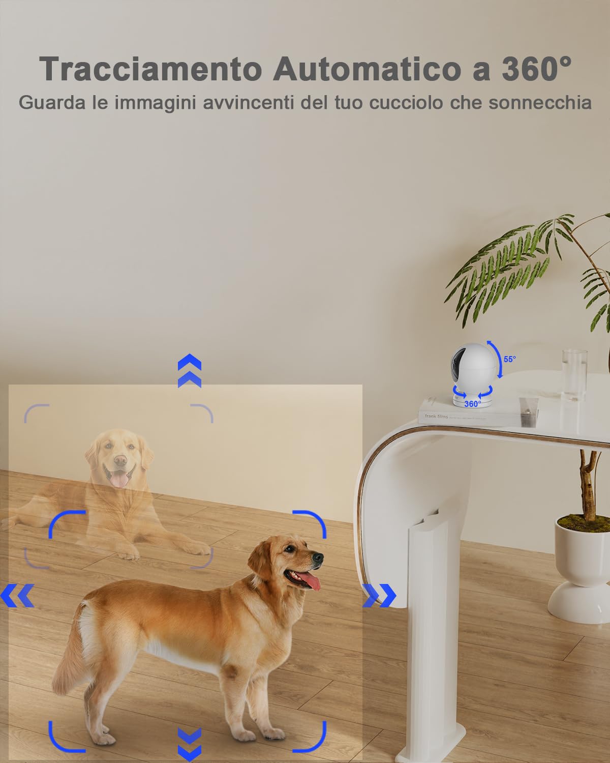 usogood Telecamera WiFi Interno 4MP, Videocamera Sorveglianza 360° per Bambini/Animali con Rilevamento e Tracciamento del Movimento, Sirena, 2.4G&5G WiFi, Visione Notturna, Audio Bidirezionale