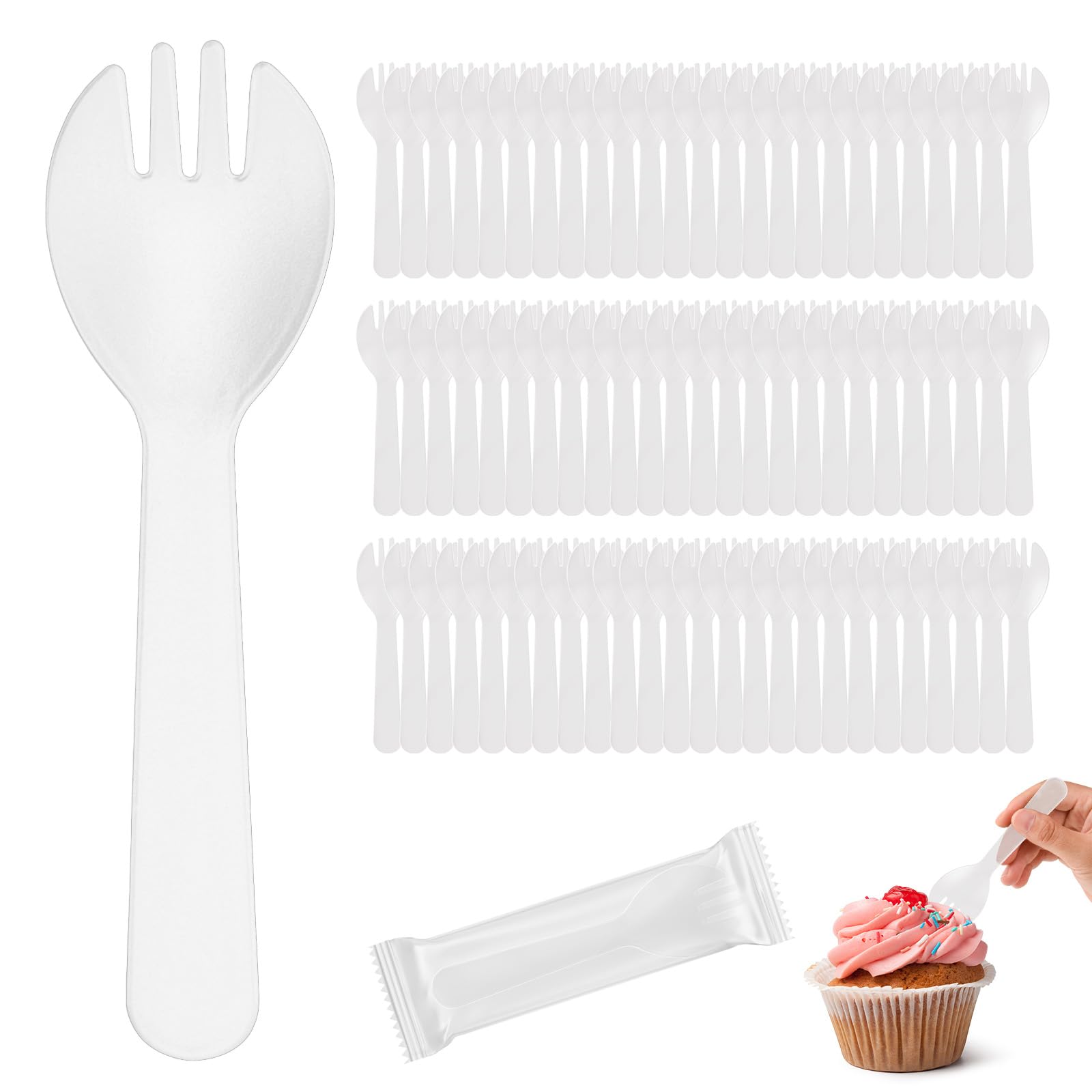 100Pcs Mini Plastic Spork, 4.2 Inch Individually Wrapped Utensils