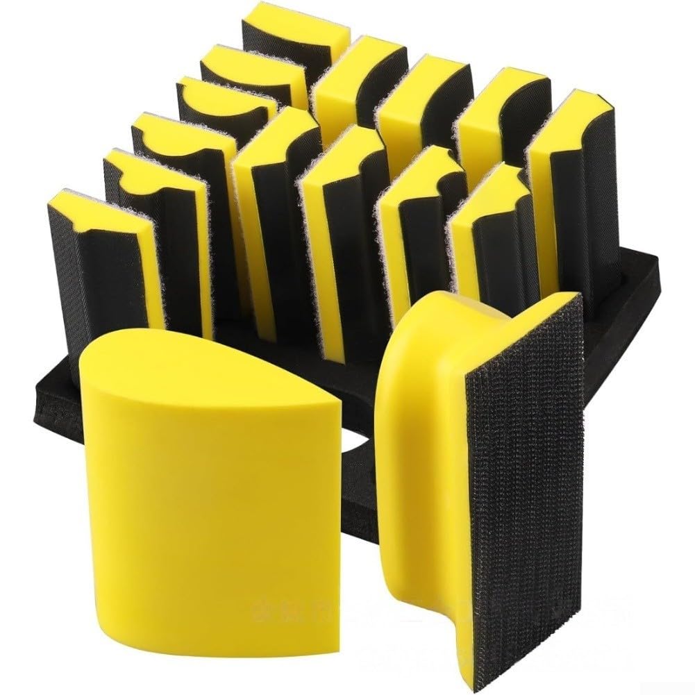 Juego de lijado de espuma con esponjas de lijado, kit de lijado automotriz de 16 piezas, almohadillas de lijado flexibles para curvas, hojas de papel de lija húmedo y seco, óxido de aluminio abrasivo