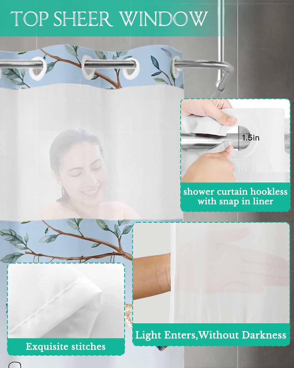 Shower Curtain with Snap-in Fabric Liner Set Blue Ocean Gnome No Hooks Bathroom Curtains with See Through Top Window Coastal Starfish Shell Waterproof and Washable 36X72 inch