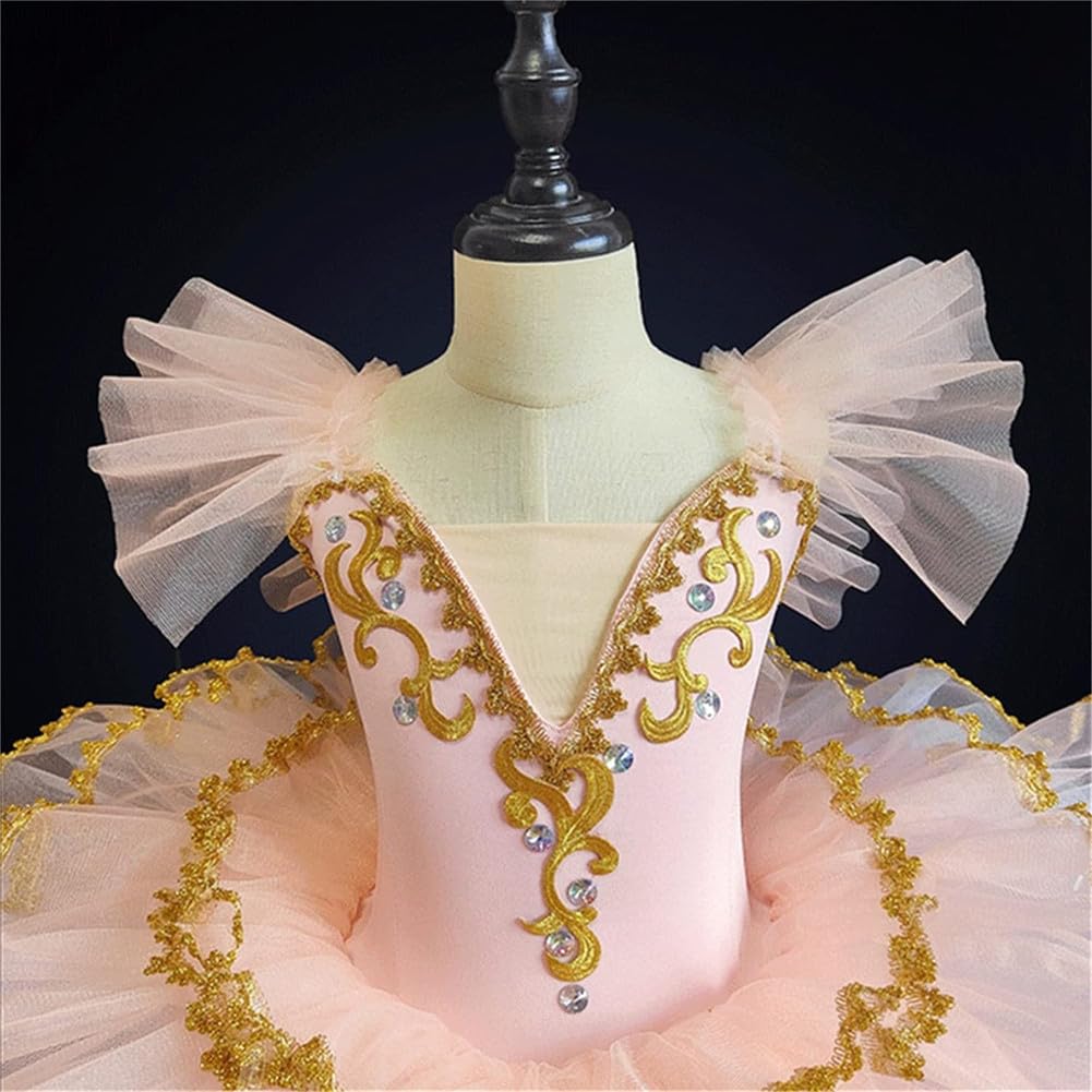Bambini Ragazze Strass Decorazione Cigno Body Ballet Danza Tutu Vestito Maniche Arruffate Ricamo Tulle Gonna Pattinaggio Ginnastica Ballerina Dancewear