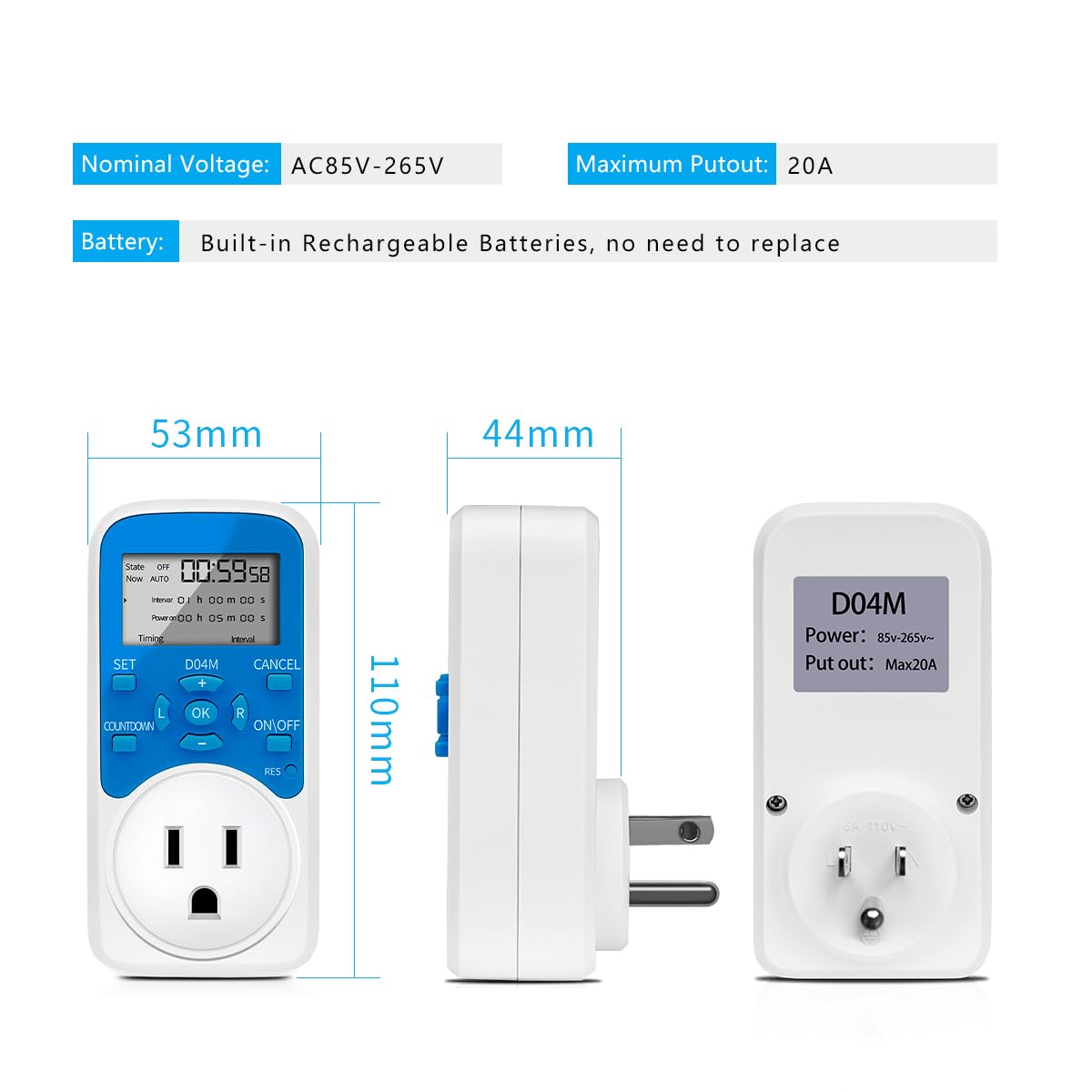 Timer-Steckdose, digitaler Steckdosen-Timer mit Countdown-/Wiederholungszyklus, intermittierender Zeitschalter für den Innenbereich, minimale Einstellung in Sekunden, 110 V/220 V (D04M)
