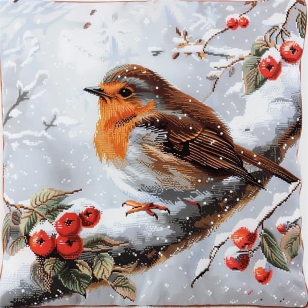 Latch Hook Cushion Kits For Adults 17X17Inch,Snow Robin Bird On Branch Winter Latch Hook Pillow Case Kits Embroidery Kits 43X43Cm, Diy Needlework Pillow Cover Cushion Rug Making Kit, Diy Cra