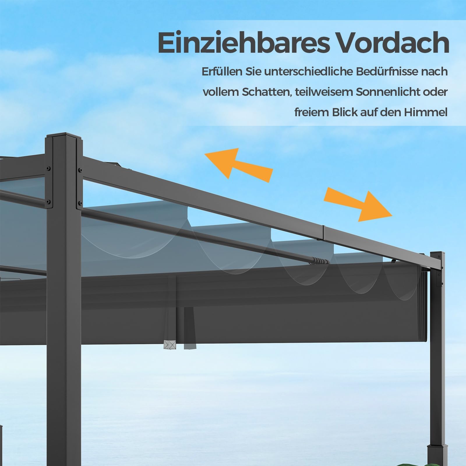 FANTASK Pergola mit Ausziehbarem Vordach, Pavillon mit Wetterfestem Stoff und Metallpfeilern, Langlebig, Sonnensicher, 3.1x3.1m, Grau + Schwarz