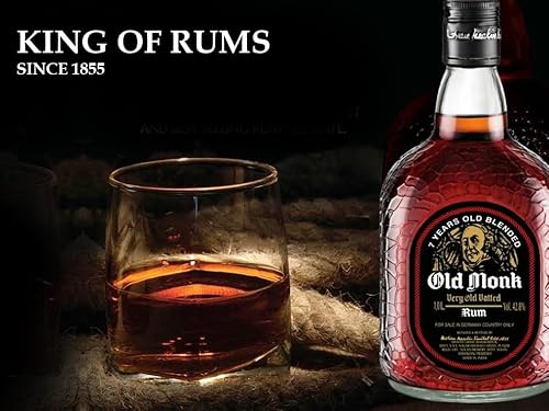 Old Monk Rum 7 Jahre – Rum mild im Geschmack – 1 Liter Rum – Ausgezeichneter Premium Dark Rum 42,8% Vol. – King of Rums seit 1855 – Ideal für Cocktails – Reichhaltige Textur – unvergleichliches Aroma