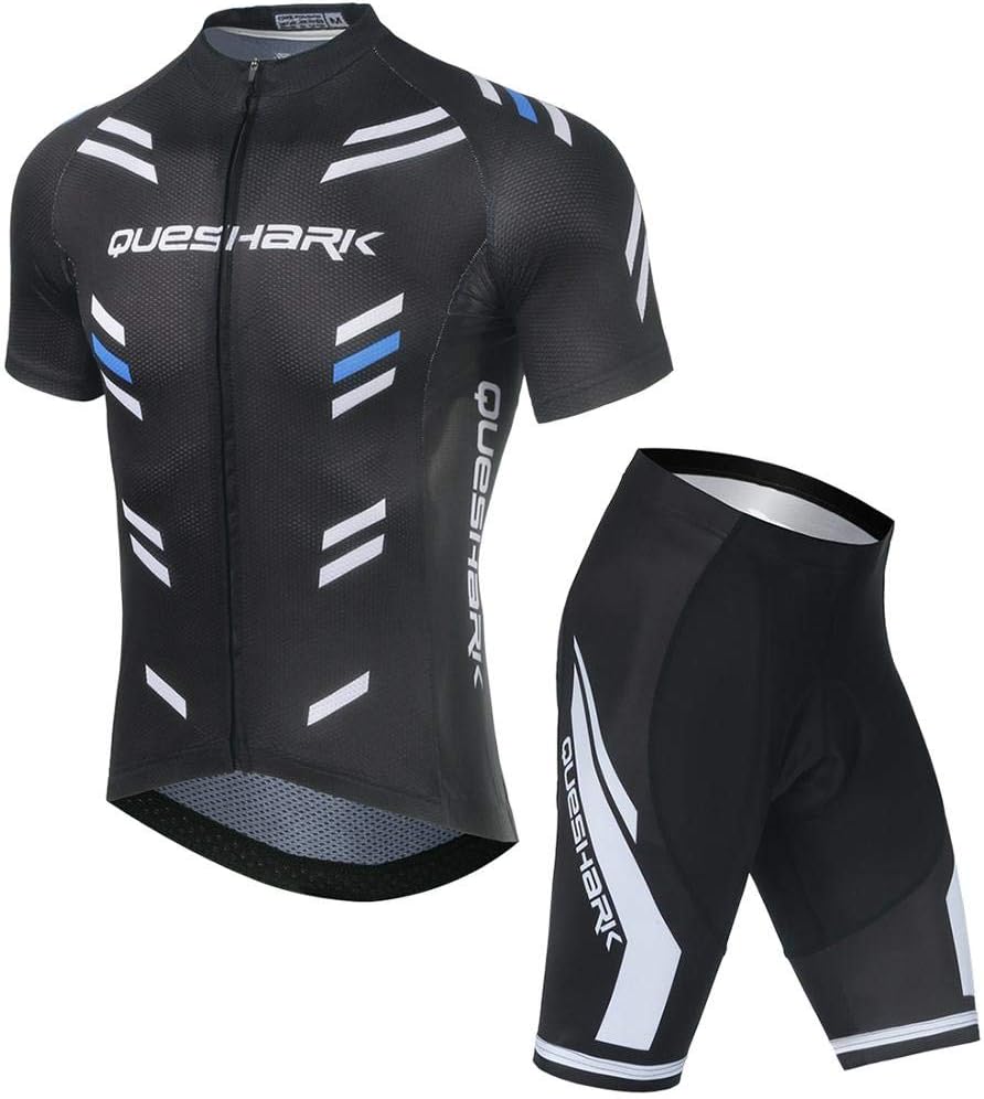 Queshark Men's Cycling Jersey Set Road And MTB Bike Jersey Short Sleeves Cycling Kits + Shorts with 5D Padded