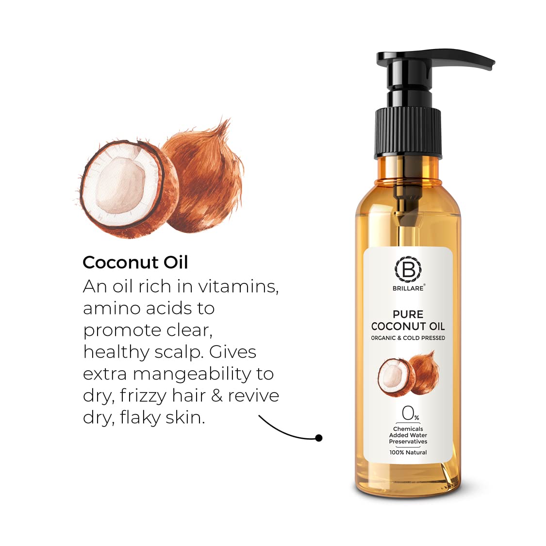 BRILLARE Pure Coconut Oil, Natural & Cold Pressed, For All Hair Type & Skin Care, Repairs Damage & Helps in Hair Regrowth, 200ml