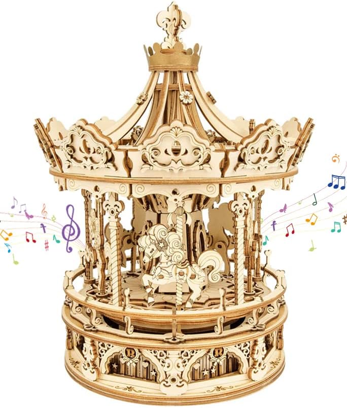 Carousel Woode Puzzles, 3-D Music Box Jigsaws Model Kits, Laser Cut - Complex Building Models, Development of Mental Toys, for Adults Teens and Children, Romantic Couple Gift