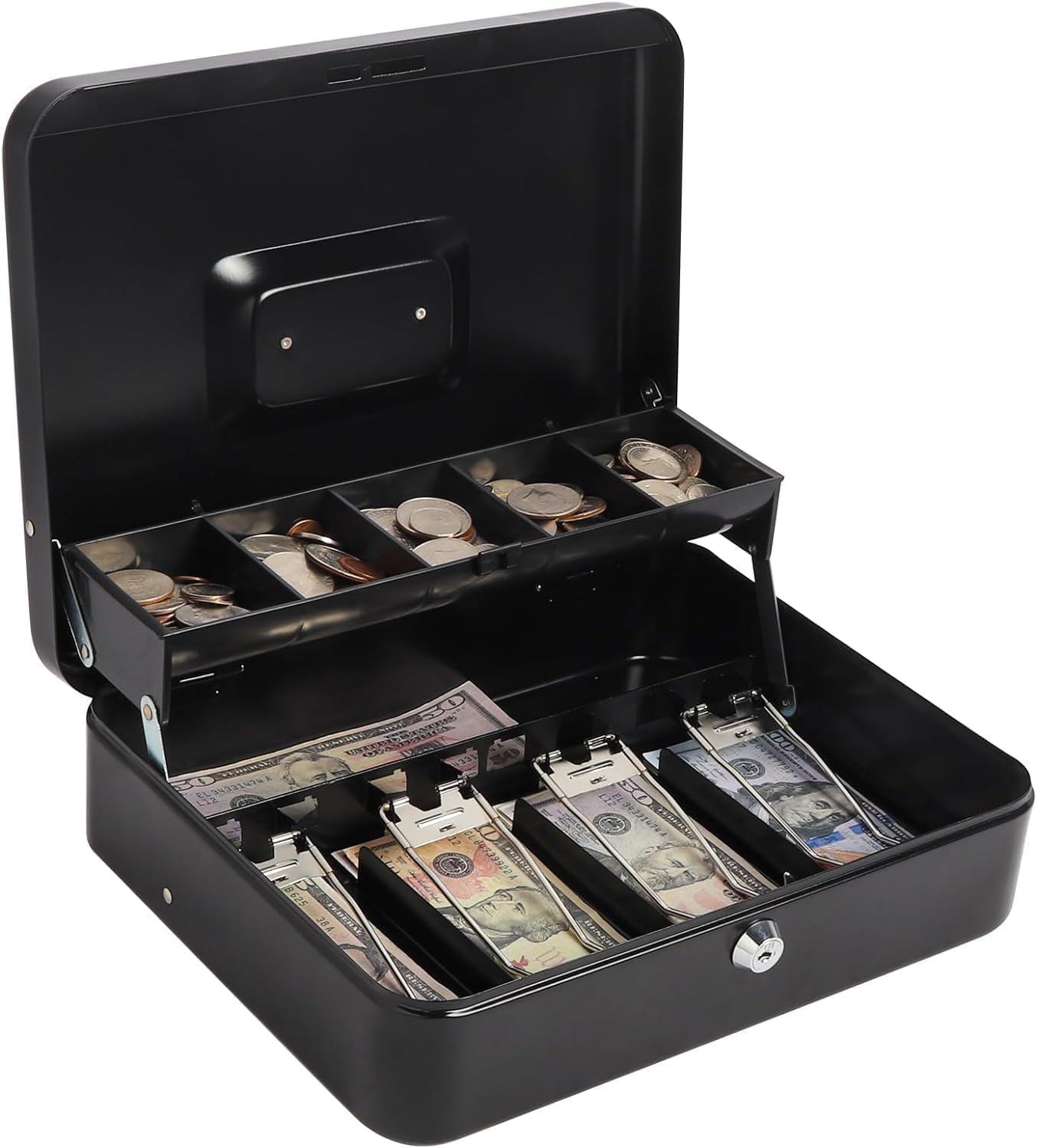 X-Large Steel Cash Money Safe Box with Lock & 2 Keys – Portable Security Storage Chest with Removable 5-Compartment Money Tray for Cash, Coins & Valuables (11.8 x 9.5 x 3.5 Inch, Black)-image-23