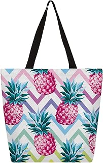 Sacola de lona feminina Ziguezague Abacaxi, sacola grande para homens com bolsos, sacolas de compras resistentes, sacolas de compras reutilizáveis, bolsa de ombro casual para escola, trabalho, praia, Multicor