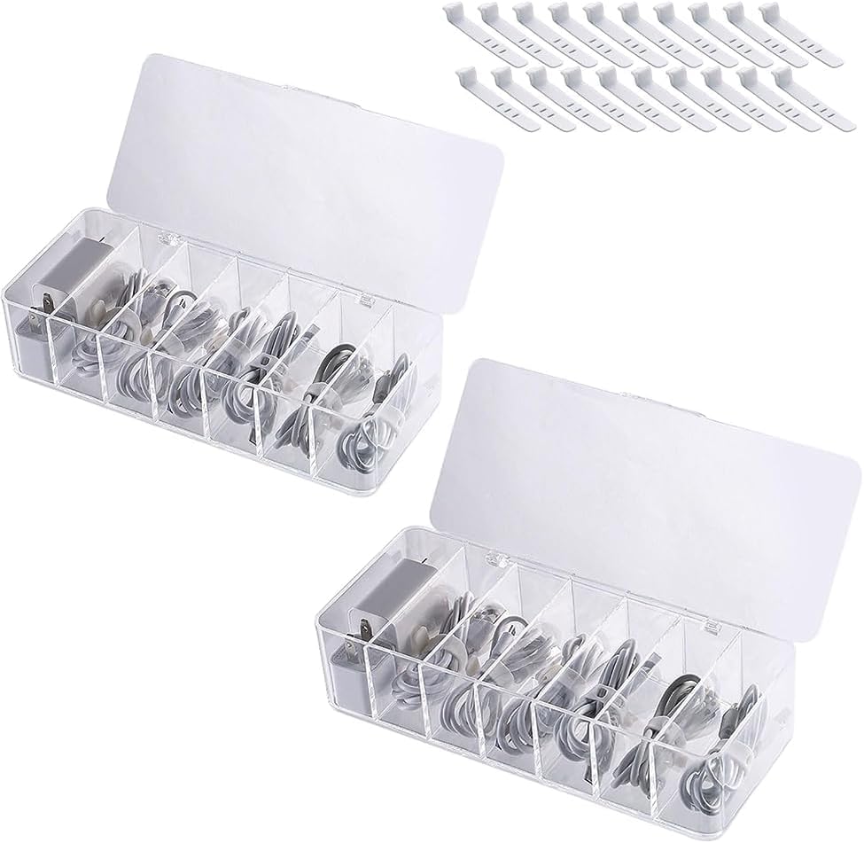 2Pcs Cable Organizer Box with 20 Wire Ties, Clear Plastic 7 Compartments Cord Storage Box with Lid Electronics Organizer for Home Office Desk Organizers and Accessories