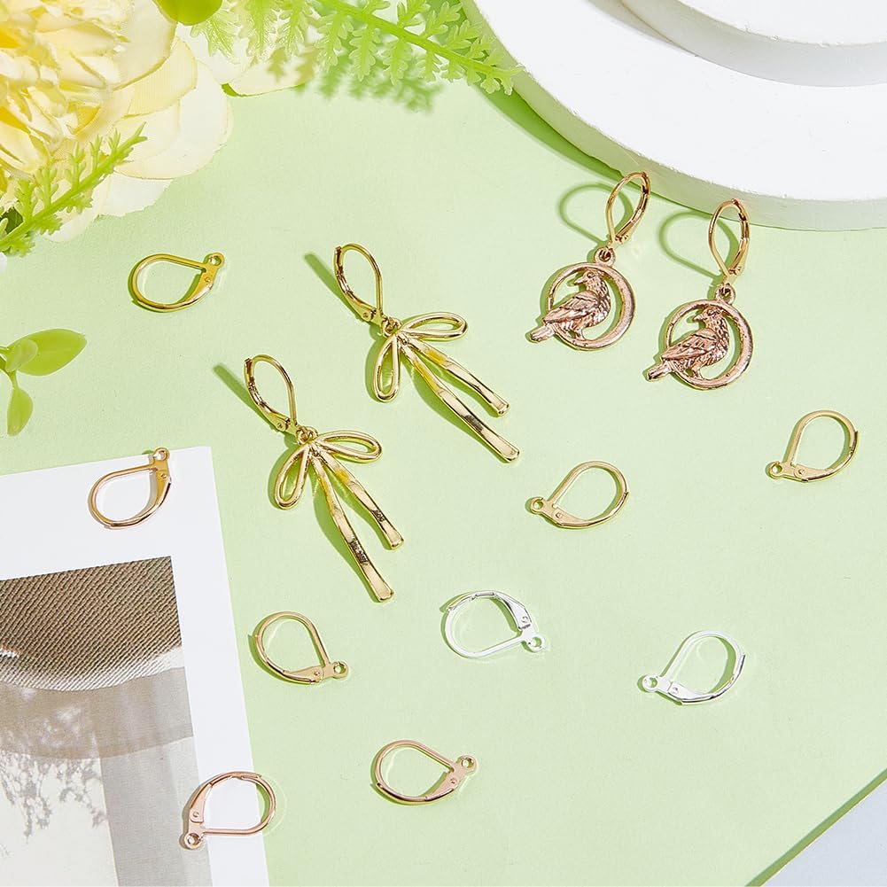 Beebeecraft 1 Box 60Pcs 3 Color Stainless Steel Leverback Earring Findings 24K Gold & Rose Gold & Sterling Silver Plated French Earring Hooks Interchangeable Dangle Ear Wire Finding for Jewelry Making