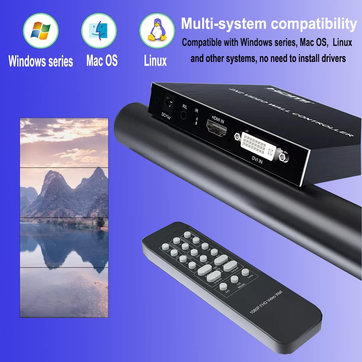 2x2 HDMI Video Wall Controller, HDMI & DVI Support 4K Input TV Wall Controller,1080P Output TV Wall Processor, IR Remote & RS232 Control,180 Degree Rotate 1x2,1x3,1x4,2x2,2x1,3x1x4x1 Video Wall