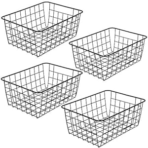 ZRAZ Kitchen Wire Baskets Farmhouse Decor Metal Food Storage Organizer, Household Refrigerator Bin with Built-in Handles for Cabinets, Pantry, Bathroom, Laundry Room, Garage,Set of 4 (Black)