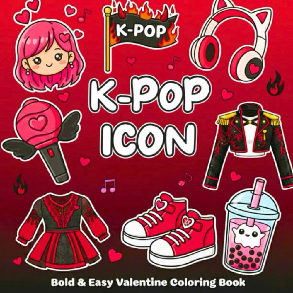 K-pop Coloring Book: Bold and Easy Valentine Coloring Pages Featuring Cute K-pop Ithems-Themed Accessories
