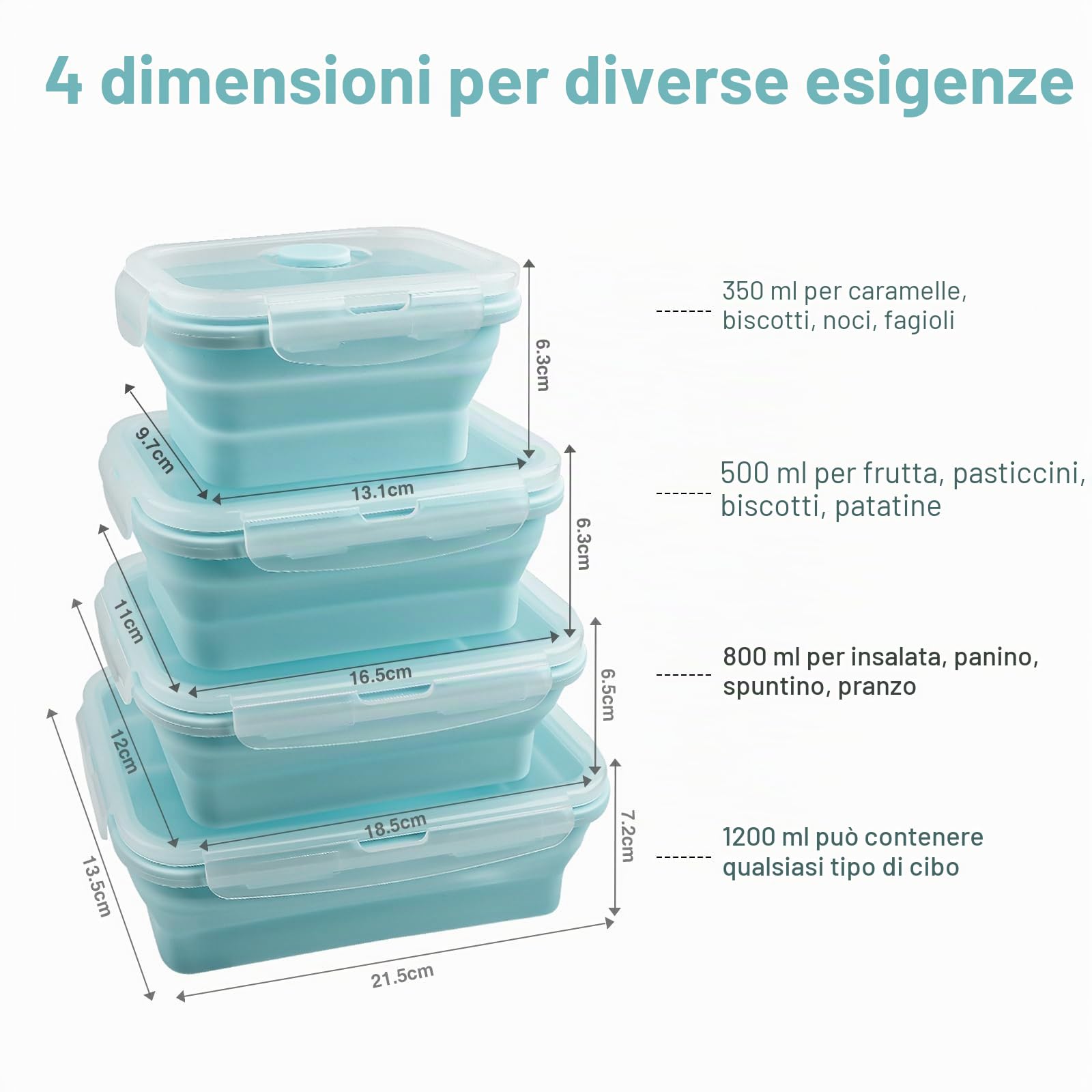 Contenitore per alimenti in silicone pieghevole con coperchio, portatile, salvaspazio, adatto al microonde e congelatore, set di 4 (Azzurro)