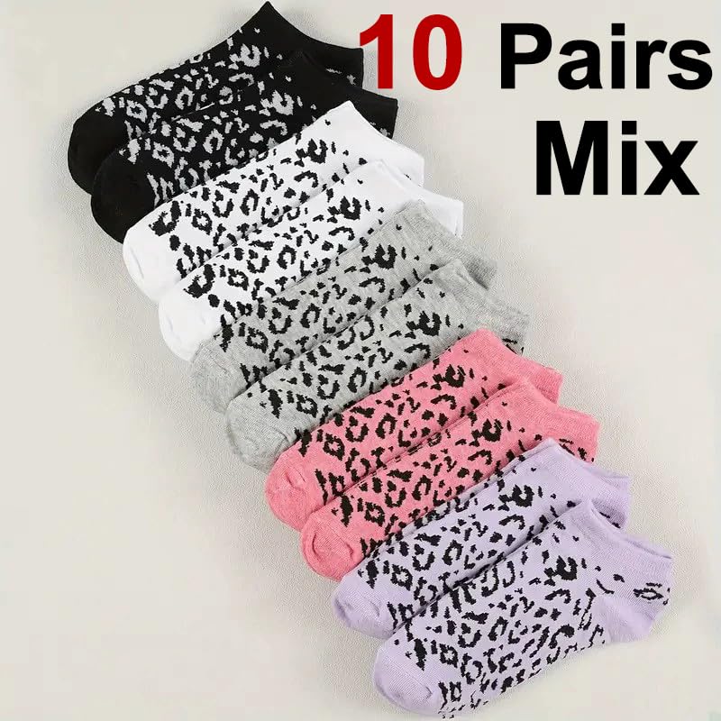 Calzini da Donna con Stampa Leopardata, Estivi, Traspiranti, Morbidi e Comodi, Casual.(10 Pairs Mix)