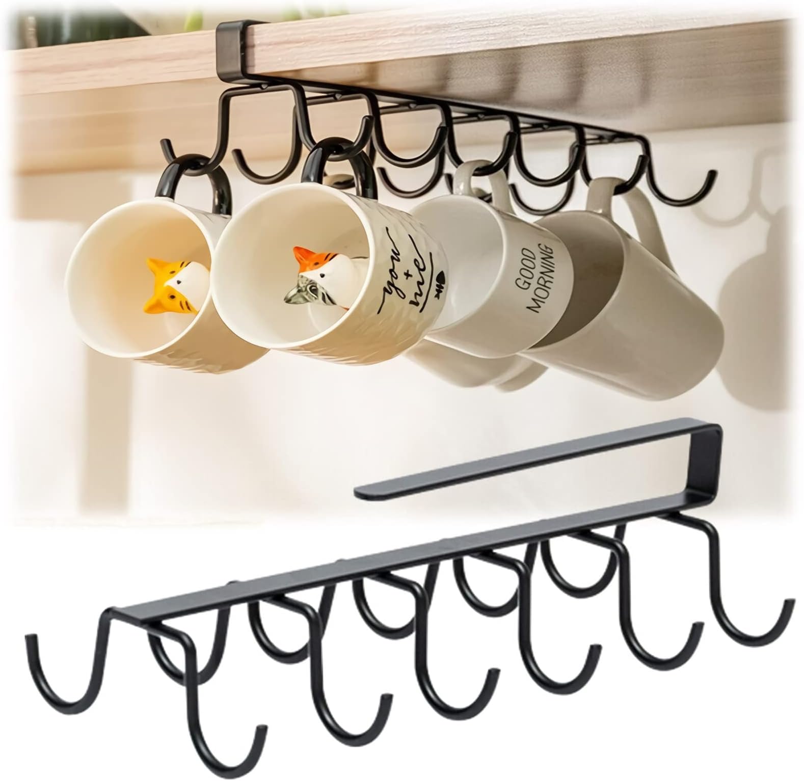 Under Shelf Mug Holder, Cup Hanger, Under Cabinet Organizer Utensil Hooks Holds 12, Kitchen Storage Rack, Wardrobe Organiser, No Drill (Black)