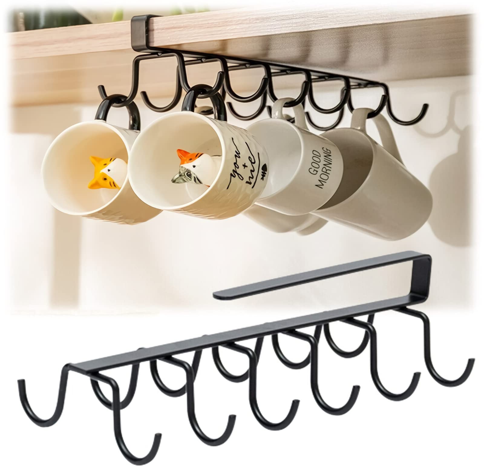 DEDEX Under Shelf Mug Holder, Cup Hanger, Under Cabinet Organizer Utensil Hooks Holds 12, Kitchen Storage Rack, Wardrobe Organiser, No Drill (Black)