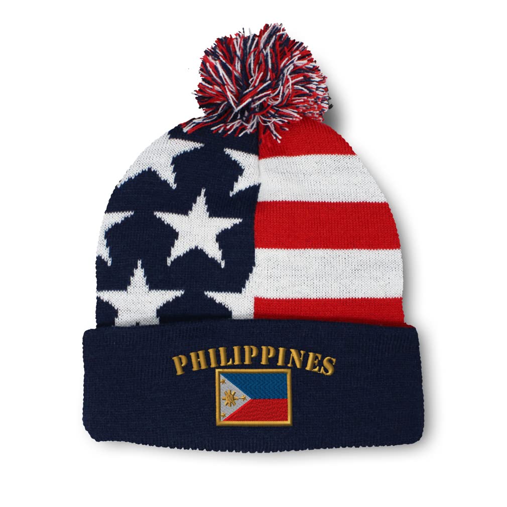 Pom Pom Beanies for Women Philippines Flag Embroidery Skull Cap World Cup Soccer Flags Winter Hats for Men Acrylic 1 Size American Flag Design Only